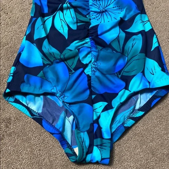 Electric Blue Green Size 12 One Piece Swimsuit with Floral Pattern Beach Summer - Picture 3 of 9